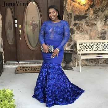 JaneVini Seksualus Afrikos ilgomis Rankovėmis Mėlyna Prom Dresses Appliques 3D Gėlės Iliuzija Satino Undinė Promenadzie Suknelė Juoda Merginos