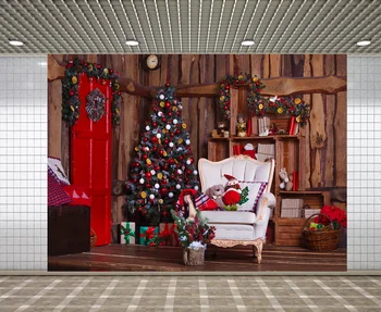 Lyavshi Kalėdų Tema fotografijos fonas Raudonas, durys Medinės sienos Backdrops kompiuterio spausdinimas backdrops fotostudija