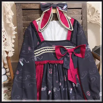 Japonijos lolita dress senovinių kvadratinių apykaklės spausdinimo kawaii nėrinių suknelė bowknot aukšto juosmens viktorijos suknelė gothic lolita op cos